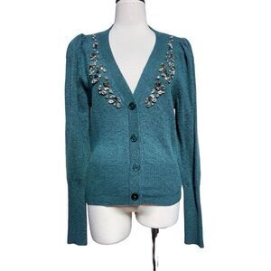 Express Sexy long Sleeve Green Holiday Cardigan Sweater With Rhinestones Small